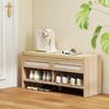 Boho Shoe Bench with 2 Rattan Drawers, Shoe Storage Bench with Cushioned Seat and Open Shelf Oak Wood Effect