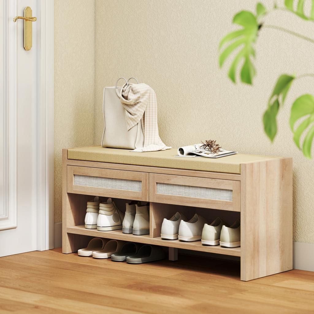 Boho Shoe Bench with 2 Rattan Drawers, Shoe Storage Bench with Cushioned Seat and Open Shelf Oak Wood Effect