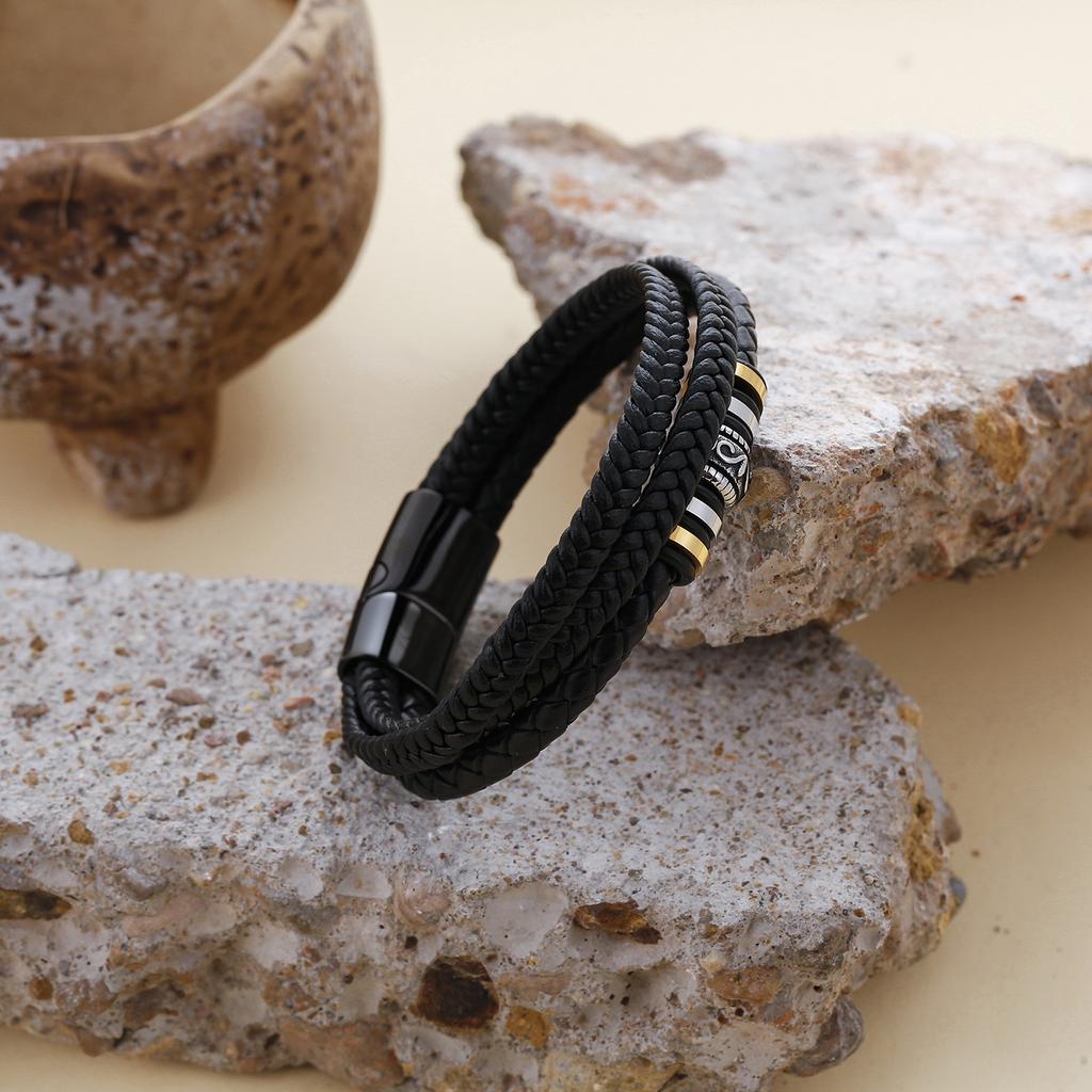 Leather Handwoven Bracelet, Genuine Leather Woven Multi-layer Men's Leather Bracelet, Retro Stainless Steel Leather Rope