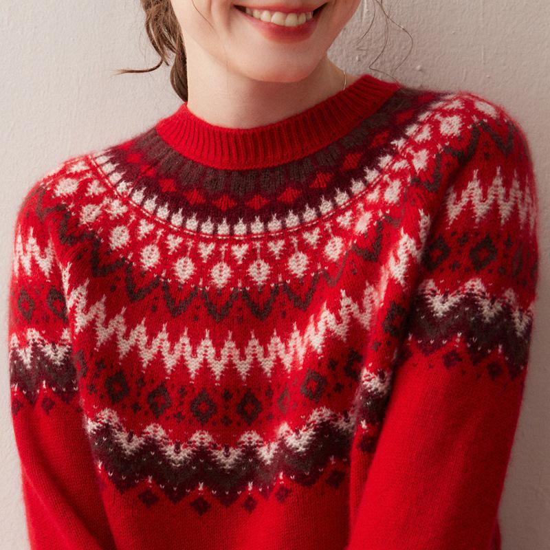 2025 Autumn/Winter Women's Fair Isle Cashmere Knit Sweater: Thick, Loose, Round Neck, Long Sleeve Base Layer.