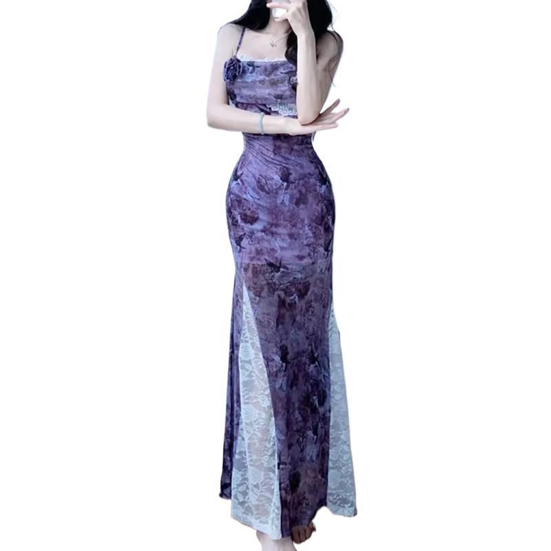 Elegantes Sommer-Spitzen-Patchwork-Fischschwanzkleid - Spaghettiträger, Tailliert, Figurschmeichelndes Design für Damen
