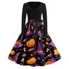 Women's Vintage V-Neck Dress with Halloween Print for Casual Fall Outings