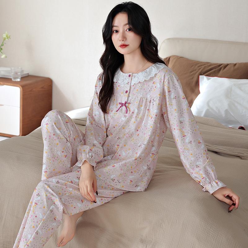 Pajamas women spring and autumn autumn pure cotton long-sleeved mother autumn cotton middle-aged large-size cardigan loungewear set