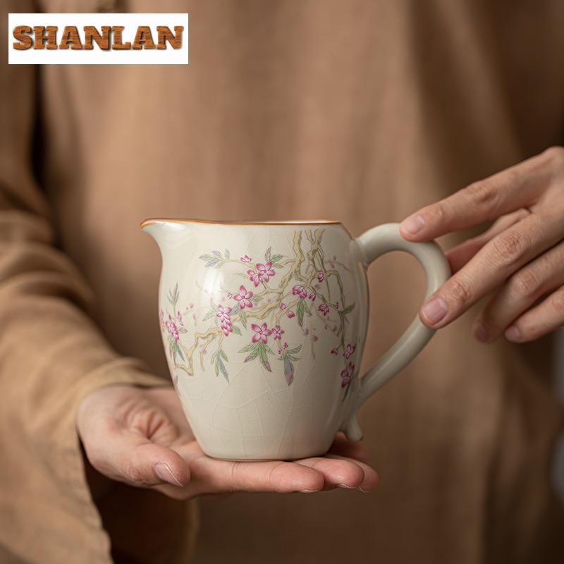 Creative Ru Kiln Porcelain Fair Cup With Ear Handle Pink Peach Branchlet Tea Infuser Zen Chahai Justice Cup Kung Fu Teaset Craft