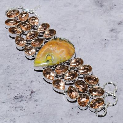 Natürlicher Hummel-Jaspis, Morganit-Stein, 925er Sterling-Silber-Armband, 17,8–20,3 cm, J9p29