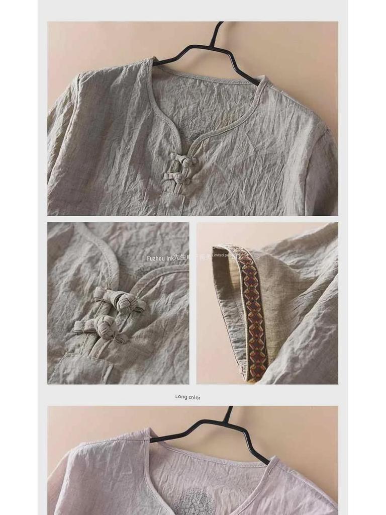 Herren-T-Shirt aus geknöpftem Leinen mit V-Ausschnitt und kurzen Ärmeln