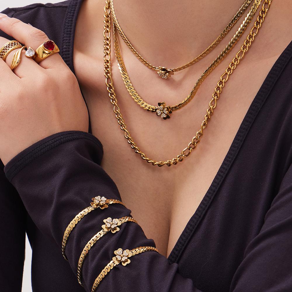 Stylish European & American Double Layer Zirconia Flower Necklace & Stainless Steel Bracelet Jewelry Set for Women