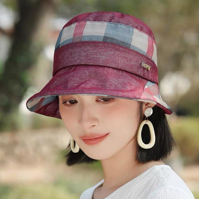 Hat women spring summer plaid elegant basin hat temperament breathable bucket hat sunscreen travel fashion sun hat