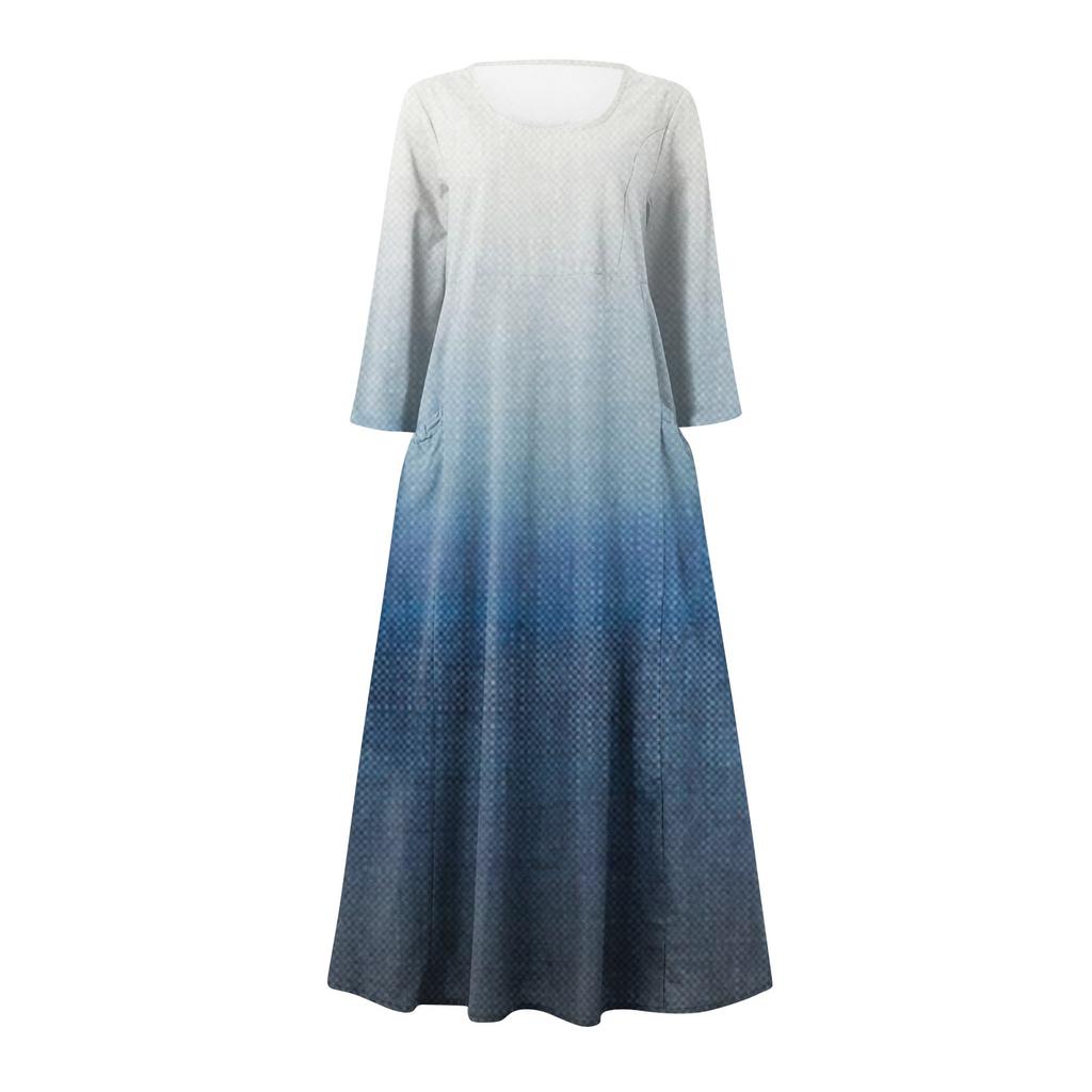 Lässiges, modisches, bequemes, bedrucktes Damenkleid mit 3/4-Ärmeln und Taschen