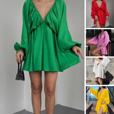 Women Party Dress Solid Color V-neck Long Sleeve Low-cut Above Knee Length Dress-up Lantern Sleeves Big Hem A-line Summer Prom Dress Female Clothes