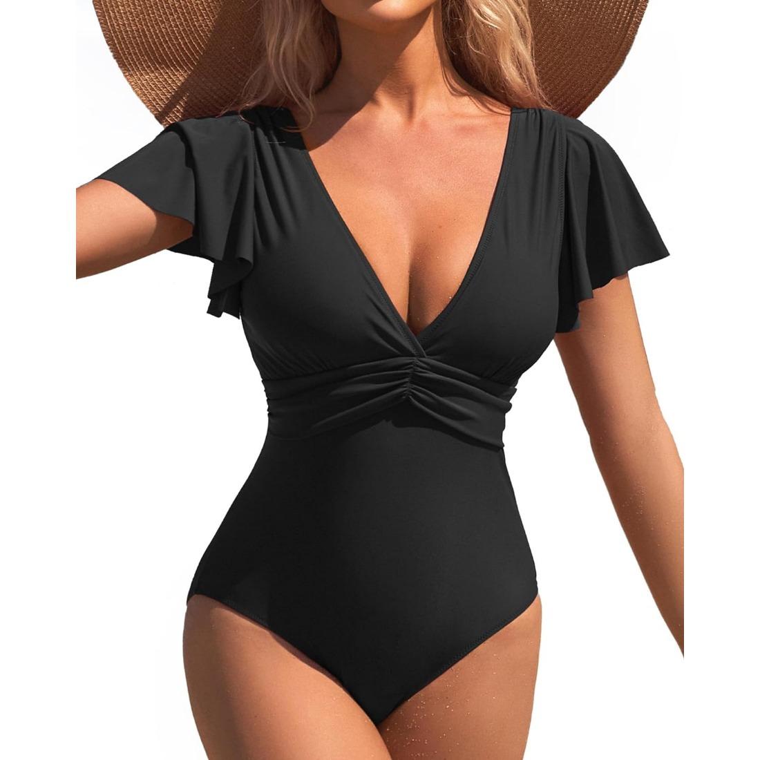 

Charmleaks женский купальник с контролем живота, цельный купальный костюм с полным покрытием, v-образный вырез, ретро, ​​купальник с рюшами L чёрный