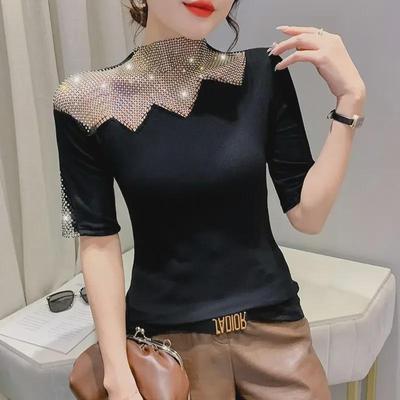 2022 Spring European Style Women's Short Sleeve T-shirt with Hot Drilling and Hollow Out Design