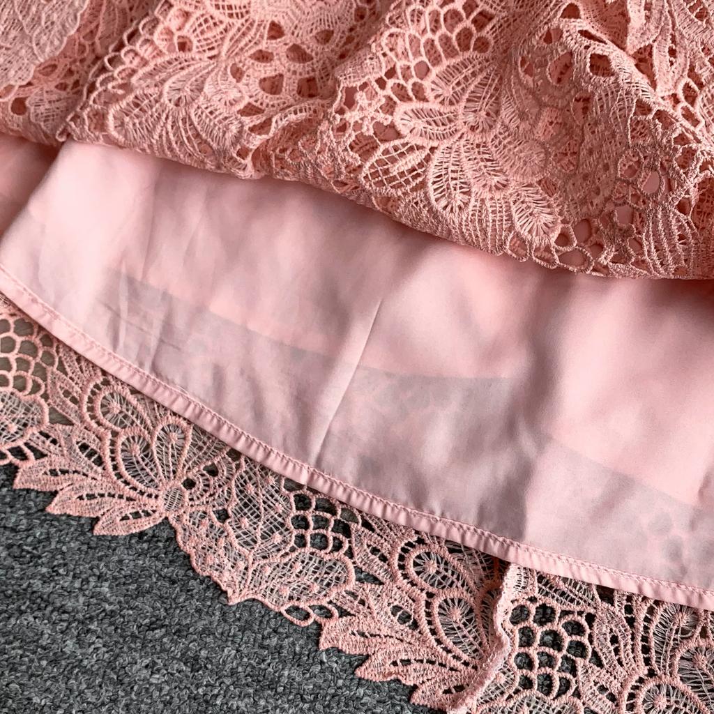 Elegant Pearl Chain Diamon Luxury Embroidery Lace Prom Evening Dresses Women Summer Short Sleeve Hollow Out Midi Long Dress
