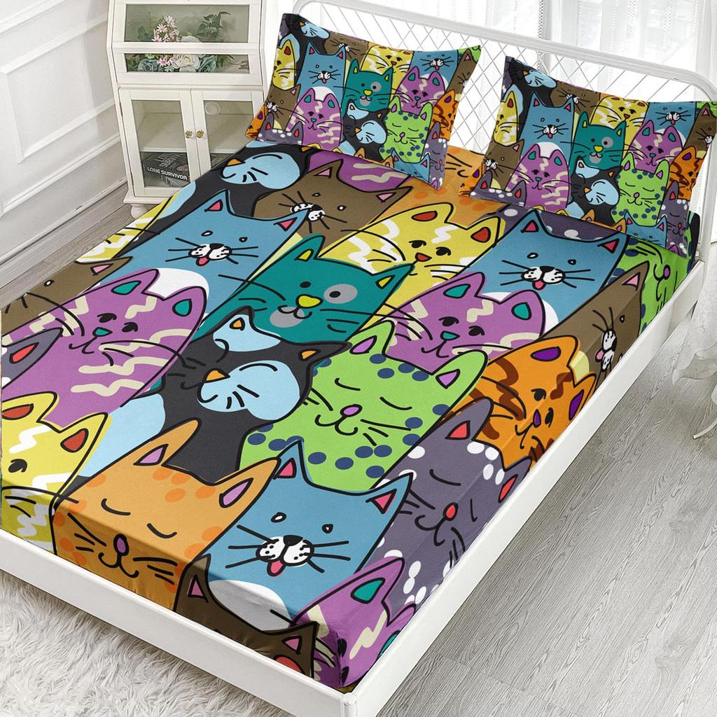 Dier Kat Patroon Matras Driedelig Digitaal Print Matras Beddengoed Set Volwassenen Kinderen