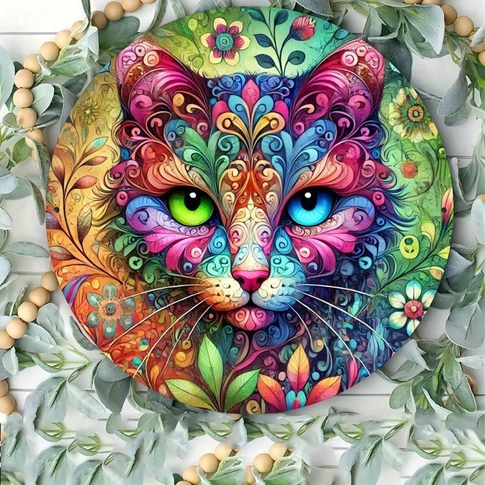 Mandala Cat Metal Tin Sign Wall Art 8x8 Inch, Round Vibrant Decor for Living Room Bedroom
