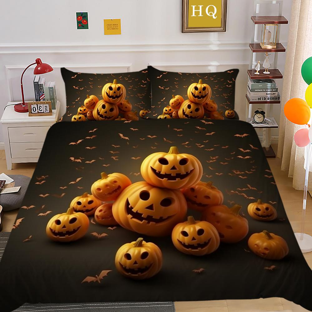 3D Halloween Home Bedding Set Pumpkin Ghost Quilt Cover Pillow Case 2/3 Pieces AU220 * 240 Full Size Soft and Easy To Clean Bedroom Decoration