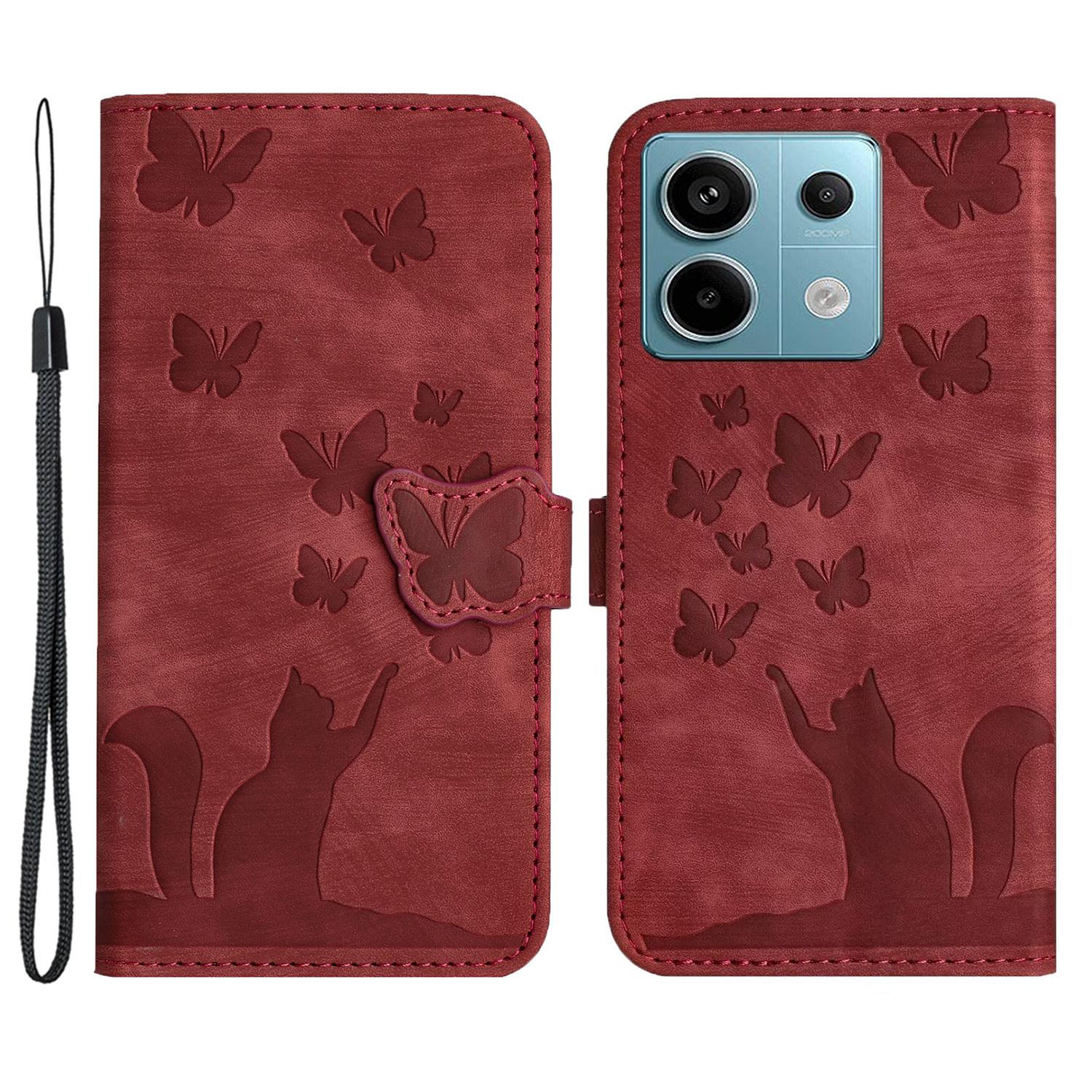 

For Xiaomi Redmi Note 13 Pro 5G/Poco X6 5G Case Butterfly Cat Imprinted Leather Flip Phone Cover Red