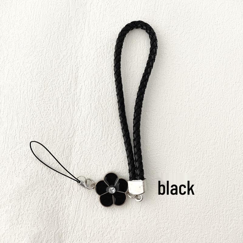 Camellia Four-Leaf Clover PU Leather Phone Wrist Lanyard with Nylon Woven Cord and Phone Case Pendant