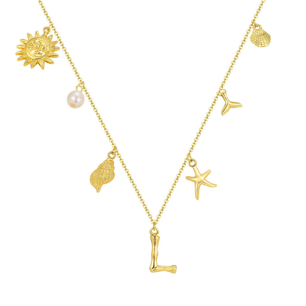 Initial Charms Necklace for Women, Boho Seashell Starfish Beach Letter A-Z Pendant, Summer Beach Vacation Jewelry