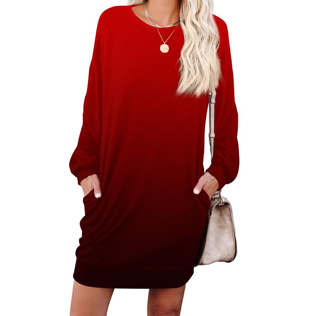 Women's Gradient Printed Fashionable Long-sleeved Round-neck Pocket Dress
