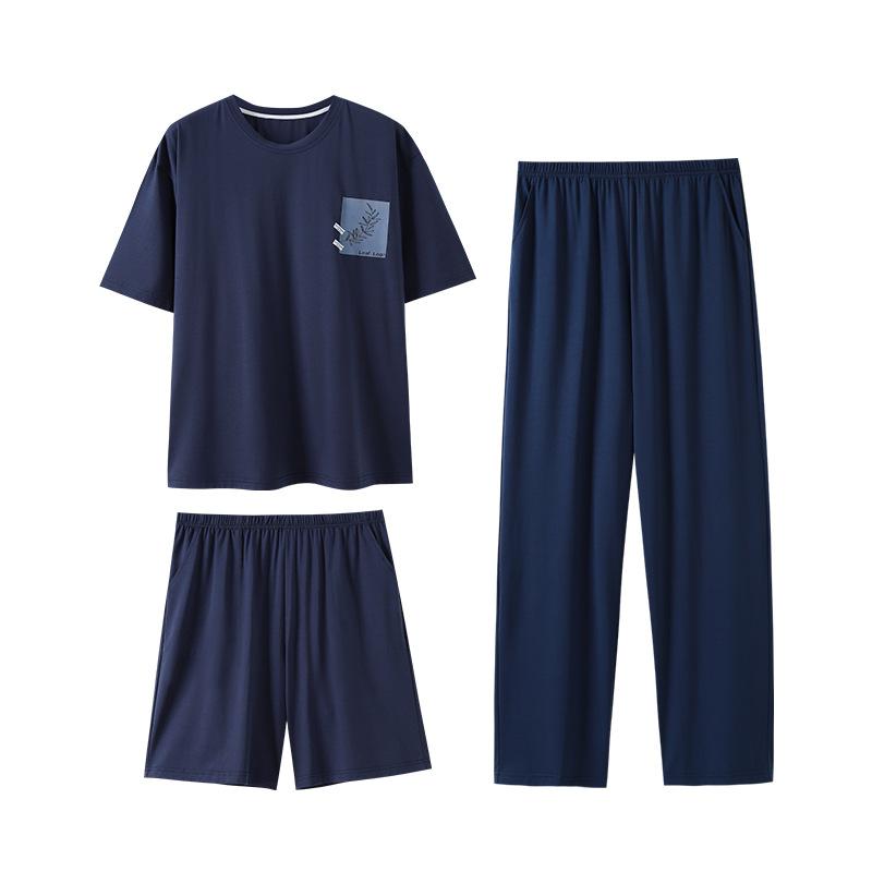 Men's pajamas summer modal cotton short-sleeved trousers three-piece set thin large size solid color half-sleeved loungewear set