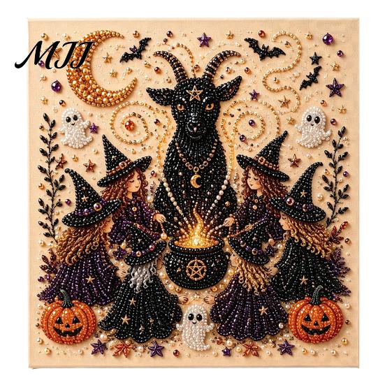 Zestaw Artystyczny z Sztucznymi Perłami Halloweenowy Zestaw DIY, Zestaw do Haftu 3D Koralikami, Upiorny Projekt Relaksujący Stres Duch Koza Wiedźma Sztuka Ścienna, Sezonowa Dekoracja Domu