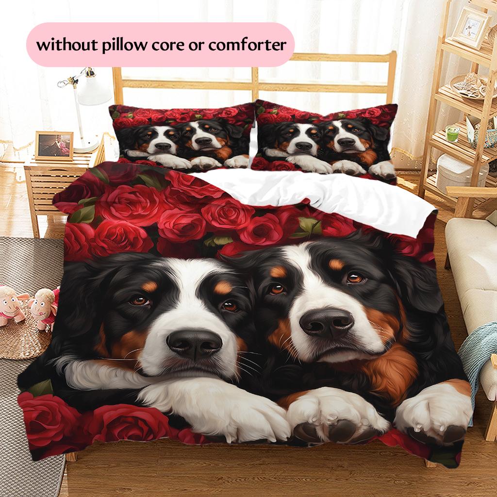 Bernese Mountain Dog and Rose Pattern Bedding Home Decoration Birthday Gift (1 * duvet cover + 2 * pillowcase, without core)