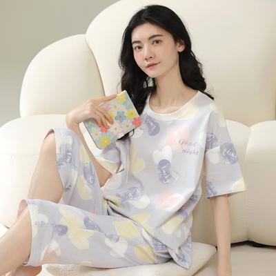 Pajamas Women'S Pure Cotton Short-Sleeved Cropped Pants Plus Size Simple Cotton Korean Version Loose Loungewear Women Can Wear Outside