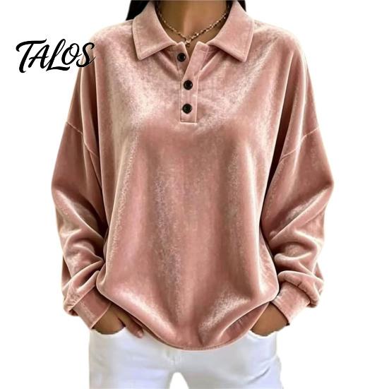 Damen Pullover Hemd Damen Samt Hemd, 3-Knopf Kragen Casual Bluse, Einfarbige Tägliche Kleidung Locker Langarm Oberteil für die Arbeit Atmungsaktive Bluse