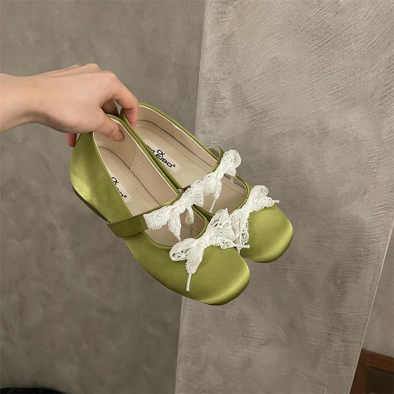 French gentle satin lace bow Mary Jane shoes women's inner height-increasing single shoes 2025 new shallow mouth ballet shoes