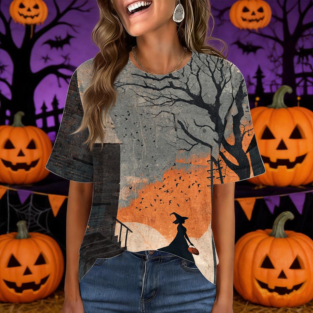 Women's Casual Short Sleeve Pullover Top Halloween Print Round Neck Pocket Design Loose Fit Comfortable T Shirt for Everyday Wear