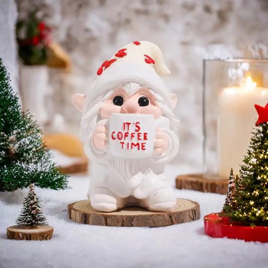 JE ČAS NA KÁVU Figurka trpaslíka pijícího kávu Elf Z pryskyřice Soška Domov Kancelář Stolní dekorace Ornament