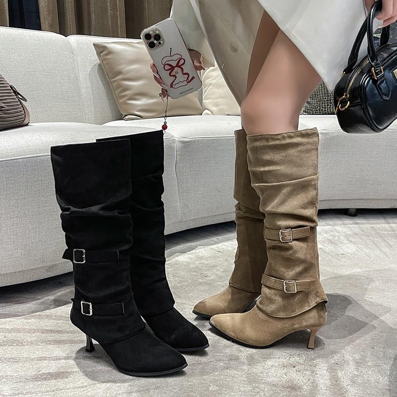 Pointed high-heeled skinny boots women's boots 2025 new autumn thin-heeled khaki suede piled knight boots