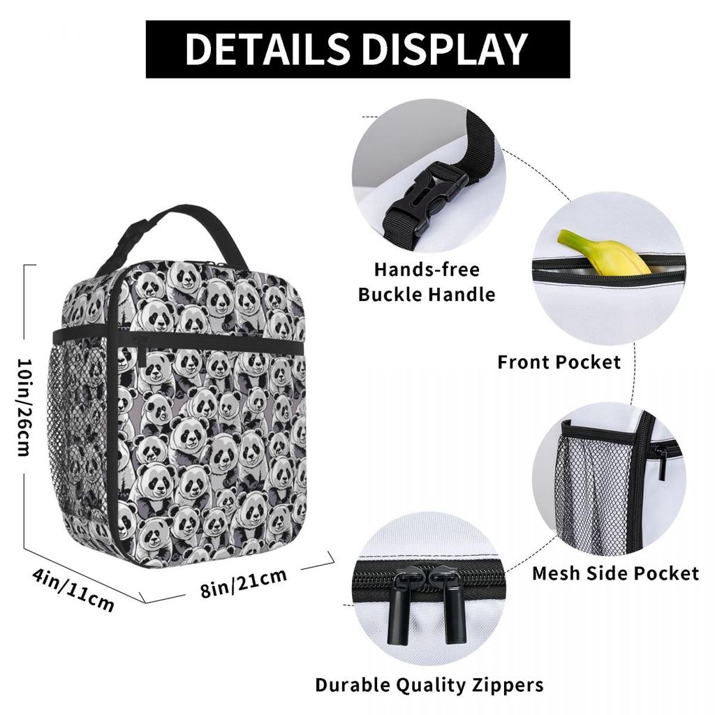 Black And White Panda Cartoon Pattern Insulated Lunch Bag for Women Kids Leakproof Food Boxes Thermal Lunch Box Tote