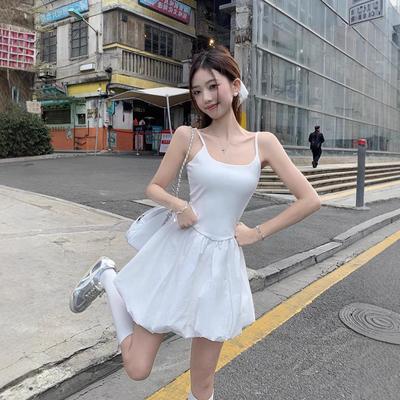 Korean Wear with Bud Puffy Short Skirt, Summer New Unique and Beautiful White Suspender Dress, Women's Clothing