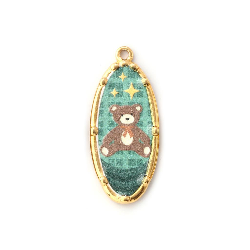 1PC Bear Heart Printed 304 Stainless Steel Pendants 18K Gold Plated Multicolor Enamel Charms Making Necklace  Jewelry Findings