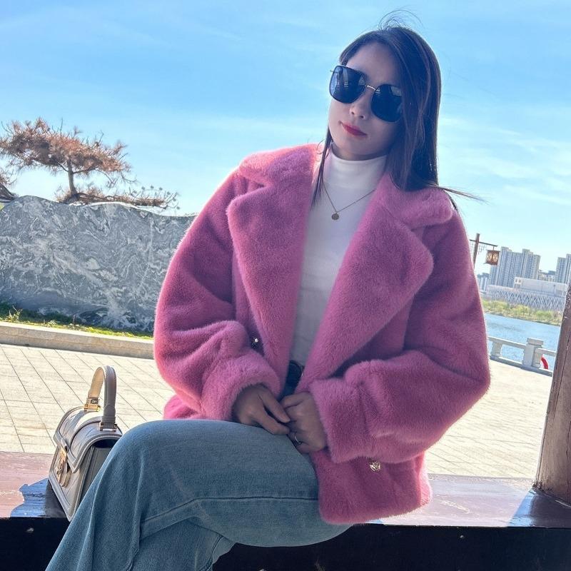 

Новая куртка из искусственного меха норки, осенне-зимняя утолщенная куртка из меха, интегрированного европейского норкового флиса, с коротким лацканом 2XL（140-155）