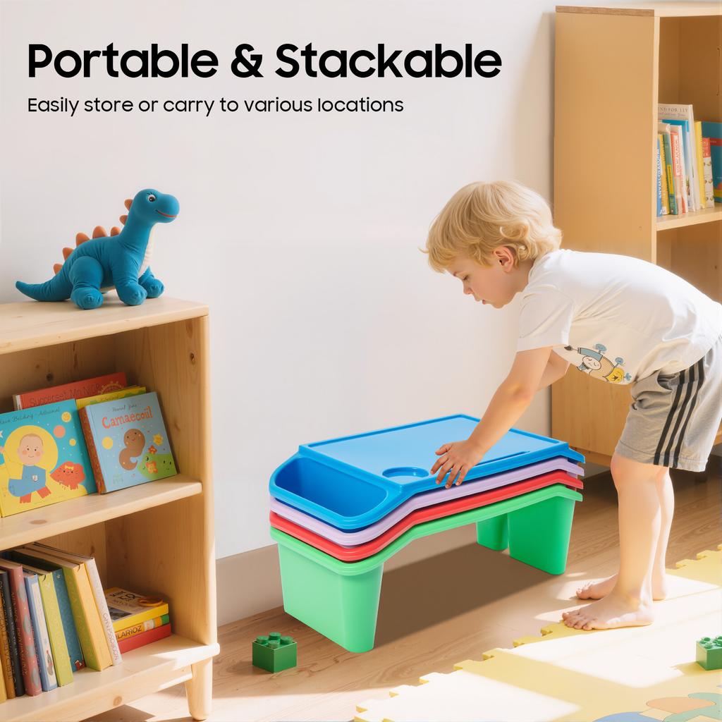 4 Peças Mesinha de Colo para Crianças, Mesas de Cama Empilháveis Portáteis com Porta-Copos, para Crianças Comerem, Desenhar, Ler na Cama, Sofá, Chão