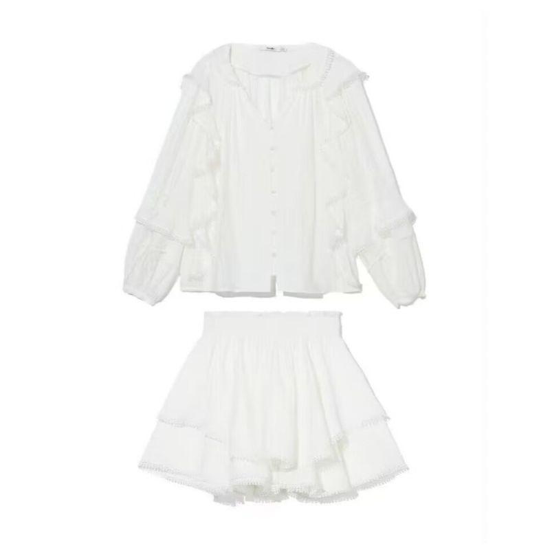 

It B + AB Two-piece Set 25 Summer Gentle and Stylish Elegant Sweet Lotus Leaf Puff Sleeve Shirt Skirt Outfit White S size (60.00kg to 70.00kg) is too large