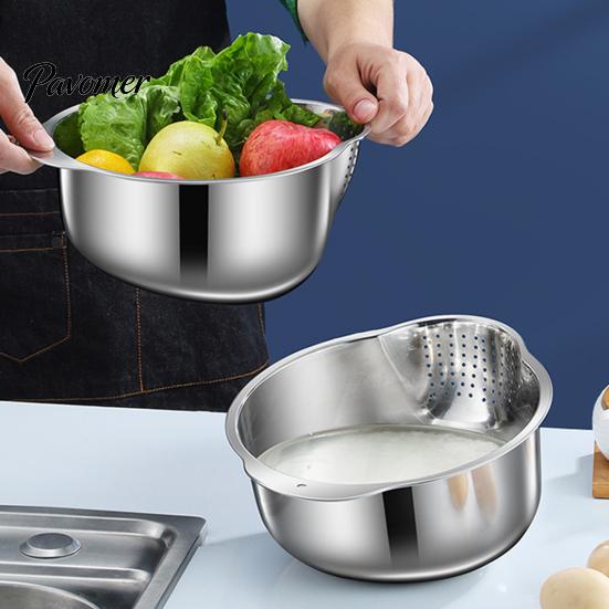 Rust Proof Food Strainer 304 Stainless Steel Colander with Side Drainage Holes, 3-in-1 Kitchen Bowl for Washing Rice Vegetables Fruits, Large Capacity
