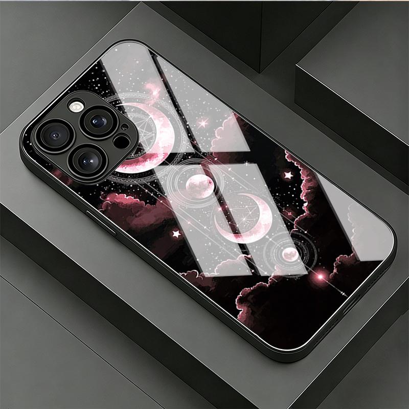Pink Black Star Phase Moon Wheel Tempered Glass Phone Case for iPhone 17 Pro Max 14 15 16 Plus 13 12 11 X XS XR 16E 17Air Cover