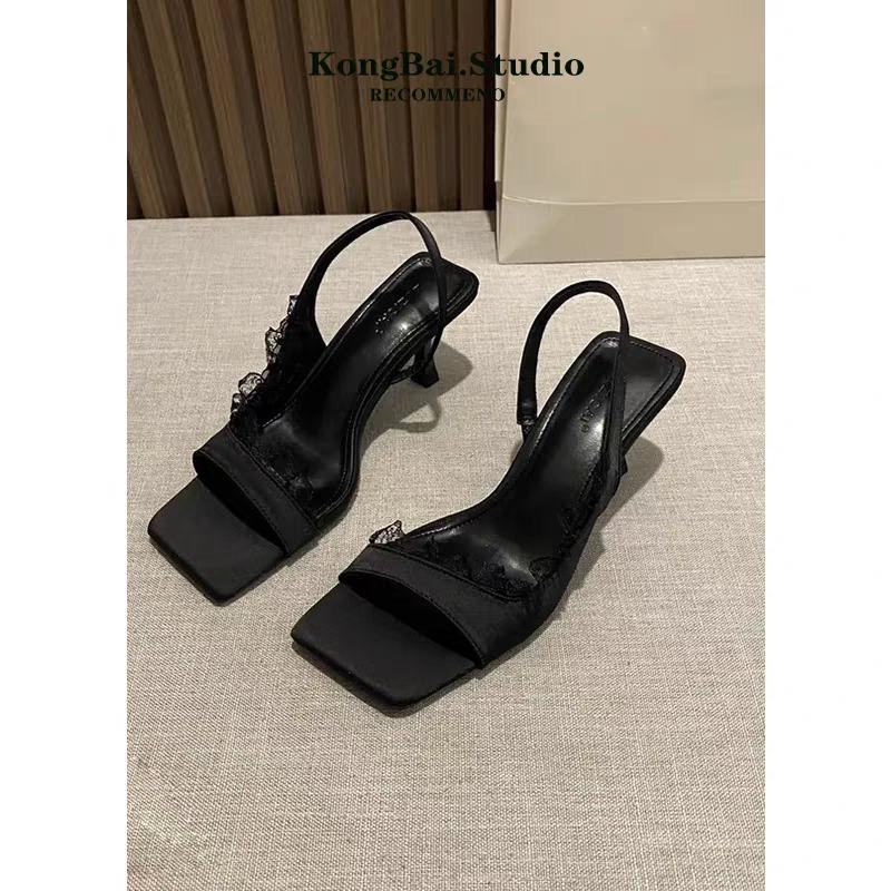 2025 summer new women's fashion square head suspender stiletto heels solid open-toe mid-heel sandals