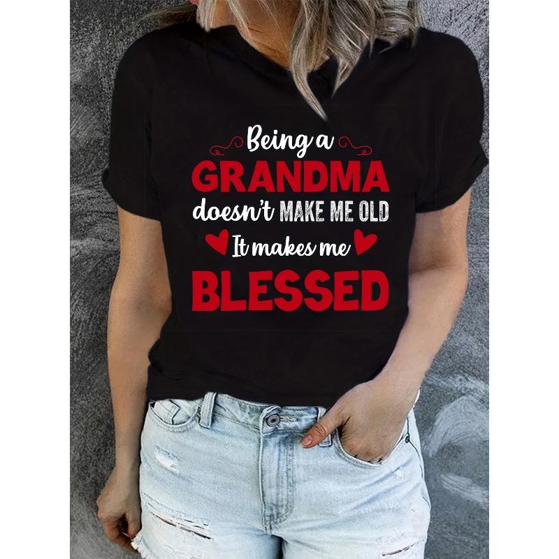 European Size Blessed Grandma Print T-Shirt, Mother's Day Short Sleeve Crew Neck Casual Top For Spring & Summer, Women's Clothing