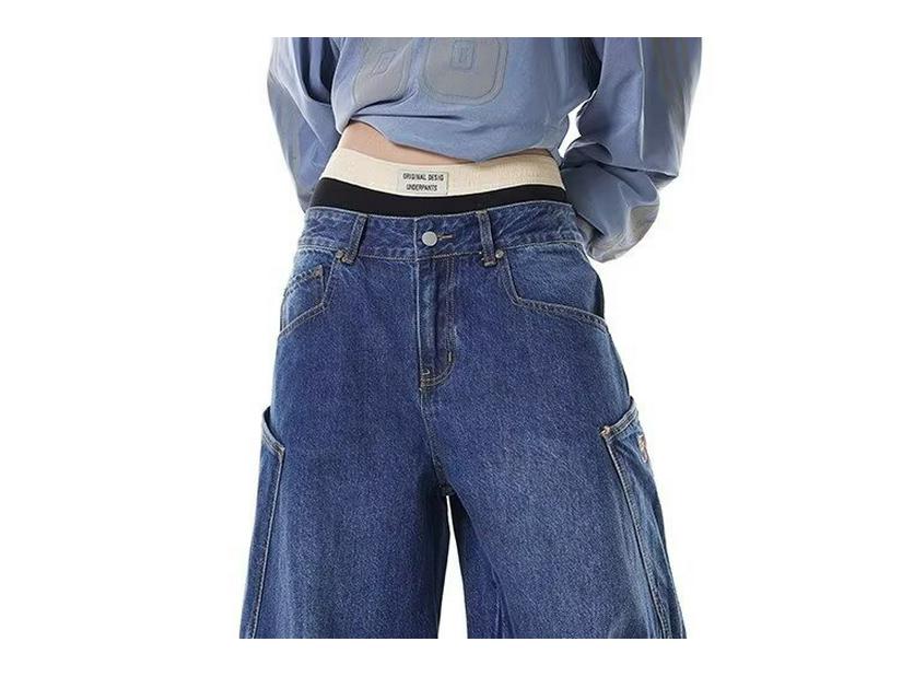 Unisex American Retro Wide-Leg Scimitar Jeans with Embroidered Pocket - Autumn Collection