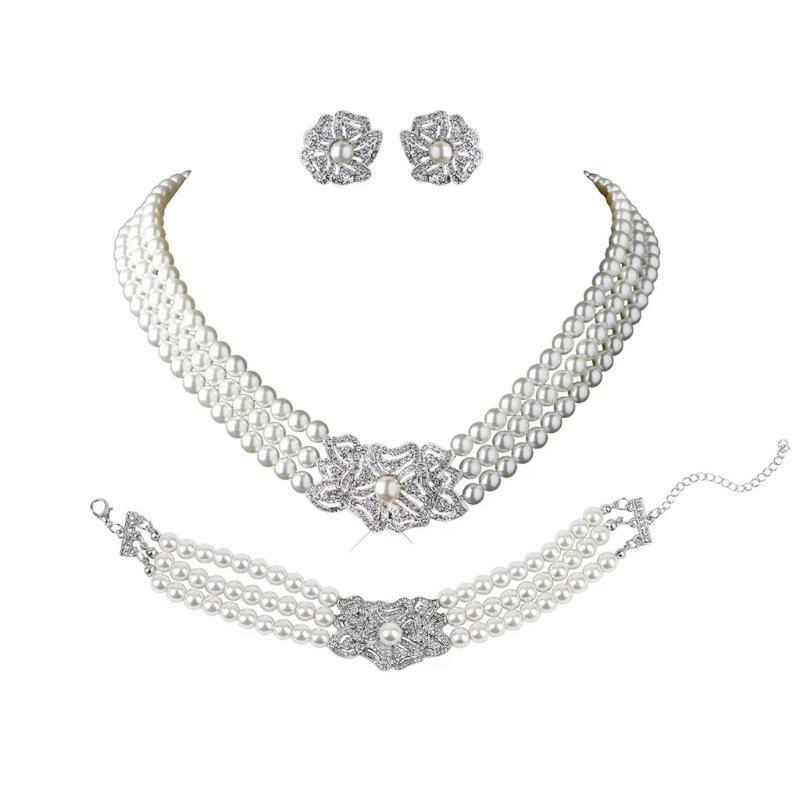 

Luxurious Victorian Inspired Necklace Earrings Bracelet Set with Sparkling Crystals and Pearls for Parties Gatherings 1 білий