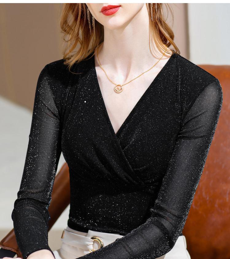 New Bright Silk Mesh T-shirt Women's Long Sleeved Bottoming Shirt Spring Autumn Bow Waistband V-neck Pullovers Top