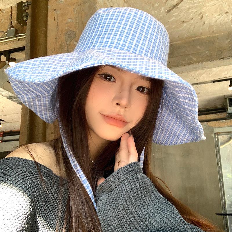 ins thousand birds plaid large brim bucket hat women's spring and summer niche design small sunshade sunscreen hat