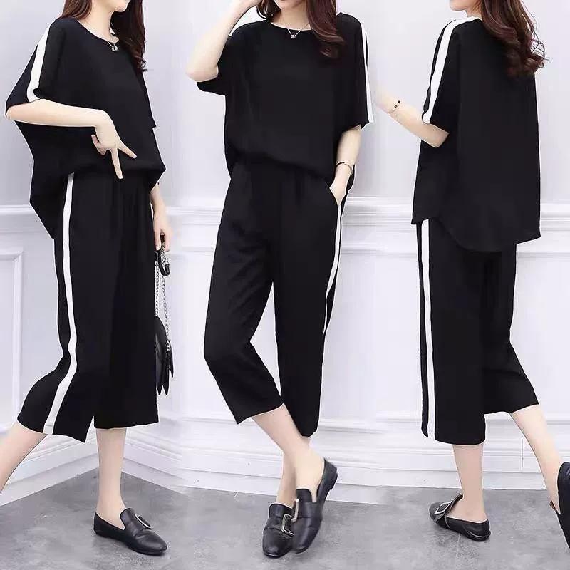2 Pcs/Set Women T-shirt Pants Set Short Sleeves Loose Elastic Waist Sports Pockets Cropped Pants Top Suit Female Clothing