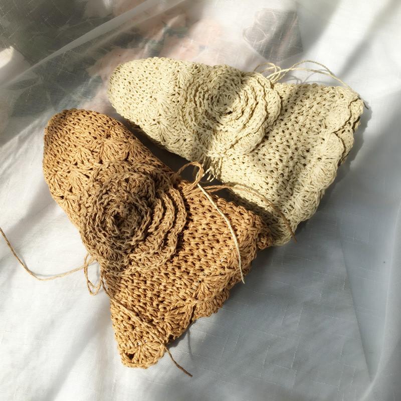 Summer Hats For Women Flower Rope Chain Foldable Sun Hat Beach Accessories Seaside Holiday Bucket Hat Sunhat New Beige Khaki