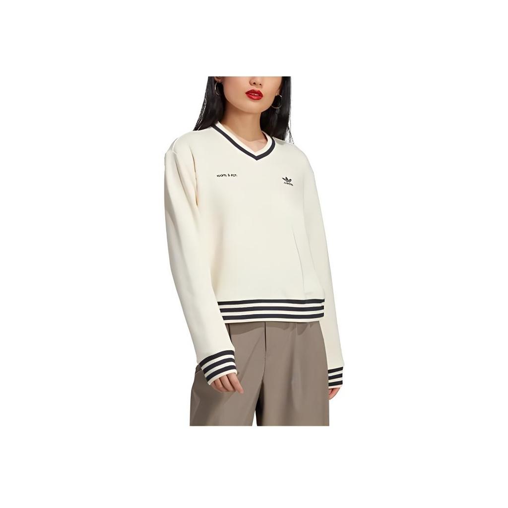 adidas Maglione da donna con scollo a V corto con stampa logo del marchio Originals x sportivo e ricco a righe bianco IN5247